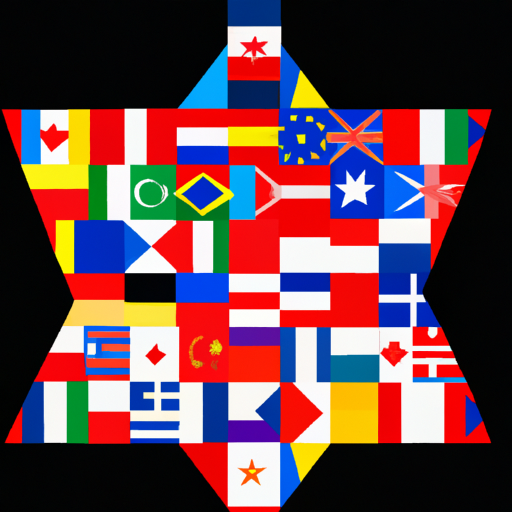 איור של דגלים של מדינות שונות חופפים ליצירת צורת כוכב צבעוני.