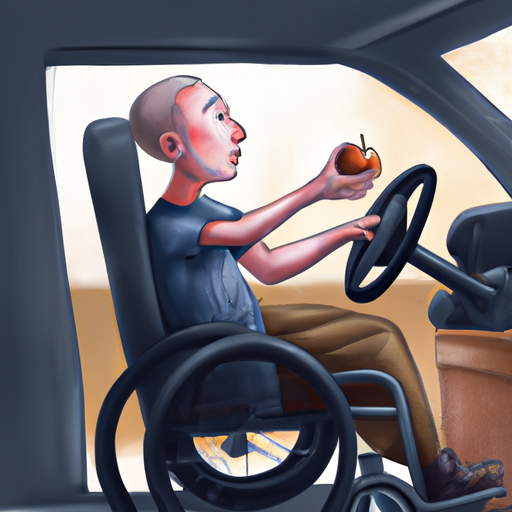 איור של נכה במכונית נוהג עם תפוח מההגה