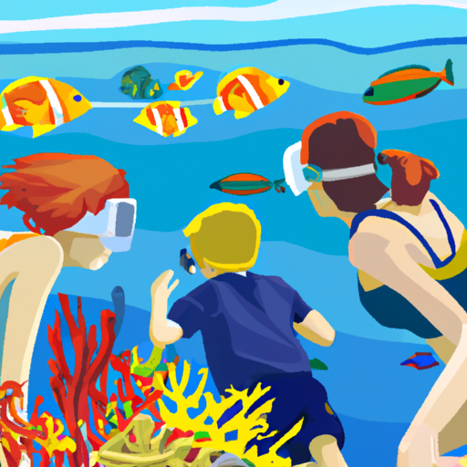 A family snorkeling in the Red Sea in Eilat, surrounded by colorful fish and coral reefs.