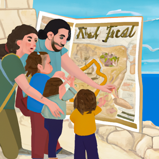A family looking at a map of Israel, with a kid-friendly guide pointing out key places to visit.